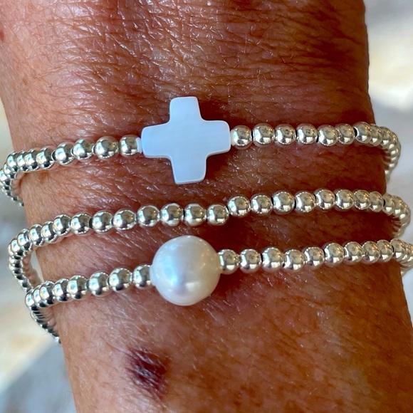 Pearl - handmade sterling, silver beads stretch bracelet + freshwater pearl - Picture 4 of 7